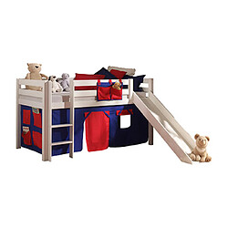 MES Lit surélevé Toboggan Blanc avec Rideaux Bleu/Rouge