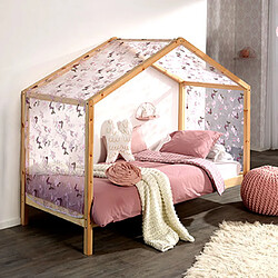 MES Lit cabane NINOU Lit cabane - Pin naturel laqué - 90x200 cm - Textile décoré - Sommier inclus