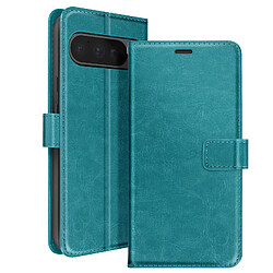 Mayaxess Étui pour Google Pixel 9 Pro XL - Turquoise Étui portefeuille turquoise avec dragonne pour Pixel 9 Pro XL - Cuir éco - Protection complète