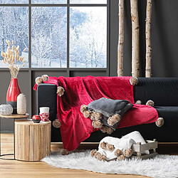 Avis Douceur D'Interieur Plaid à pompons doux - 150 x 125 cm - Rouge