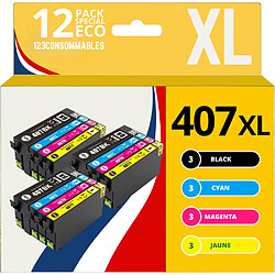 123CONSOMMABLES Pack 12 Cartouches Epson 407XL compatibles Pack 12 cartouches pour Epson 407XL - 3 Noires, 3 Cyan, 3 Magenta, 3 Jaune - Grande capacité - Fiabilité assurée