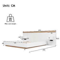 KOMHTOM Lit Double en Bois avec LED et USB - Chêne/Blanc pas cher