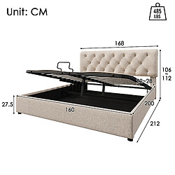 Avis KOMHTOM Lit double hydraulique 160x200 cm capitonné, tête de lit réglable à lattes, cadre de lit moderne avec espace de rangement, couleur naturelle, matelas non inclus
