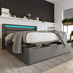 KOMHTOM Lit Coffre Hydraulique Double 160 X 200 cm Avec Bande Led - Cadre De Lit - Lit Rembourré - Gris - Matelas Inclus