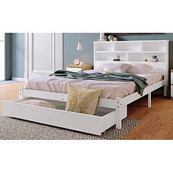 Komhtom Lit double 140x200 bois avec rangements - Blanc