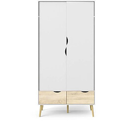 Cstore Armoire - Blanc / Chene - 2 portes / 2 tiroirs - Pietement évasé en bois massif - Chambre - 98,7 x 58,1 x 200,1 cm