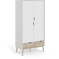 Cstore Armoire - Blanc / Chene - 2 portes / 2 tiroirs - Pietement évasé en bois massif - Chambre - 98,7 x 58,1 x 200,1 cm