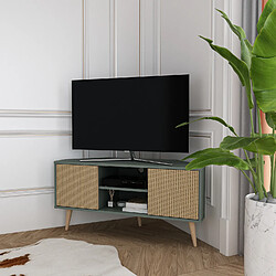 Decorotika Meuble TV d`angle Lesson 120 cm 2 armoires et étagères ouvertes (Vert et Rattan)