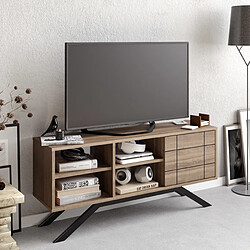 Decorotika Meuble TV North 130 cm avec cabinet et étagès, pieds en métal (Noir et Noyer)