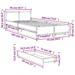 vidaXL Cadre de lit avec tiroirs sans matelas chêne fumé 75x190 cm pas cher