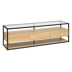 Pegane Meuble TV avec 3 tiroirs en bois coloris naturel et verre transparent - Longueur 160 x Profondeur 40 x Hauteur 50 cm