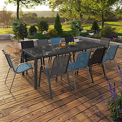 Idmarket Salon de jardin MADRID table 240 CM et 10 chaises - Bleu/Gris/Noir