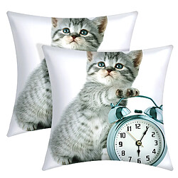 Avizar Lot de 2 Housses de Coussin - Motif Chaton Horloge