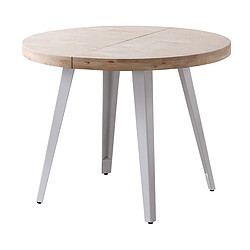 Pegane Table à manger, table de repas ronde extensible en bois coloris chêne nordique, pieds en métal coloris blanc - diamètre 120-200 x hauteur 76 cm