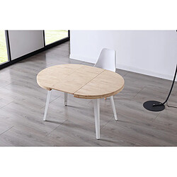 Pegane Table à manger, table de repas ronde extensible en bois coloris chêne nordique, pieds en métal coloris blanc - diamètre 120-200 x hauteur 76 cm