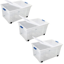 Lot de 3 Boîtes de Rangement en Plastique Transparent de 60L avec Roues et Couvercles à Clip pour une Organisation Optimale