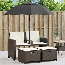 vidaXL Canapé de jardin 2 places et parasol et tabourets marron rotin