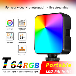 T64RGB Lumières Vidéo : Lumière LED RGB Professionnelle pour Caméra avec CCT de 2500-9000K, CRI 95+, 3 Supports de Griffe Froide, Batterie 1200mAh USB-C pour DSLR/Vlogging/Streaming