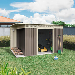 Wasabi - Abri de Jardin Métal 8,96m2 Coffee – Avec Bûcher - Porte coulissante double - Toit plat - Grilles de ventilation