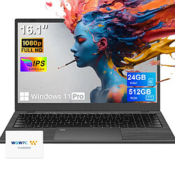 VANWIN PC portable - 16.1"FHD - 24 Go de RAM 512 Go SSD Intel Celeron N5095 (Jusqu'à 2,9 GHz) - Windows 11 PRO - WiFi5- Ordinateur