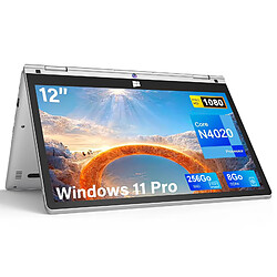 VANWIN PC portable 12"-écran tactile-rotation 360°Ordinateur portable- Windows11 Pro-8 Go RAM 256 Go SSD-Intel Celeron-Argent-AZERTY