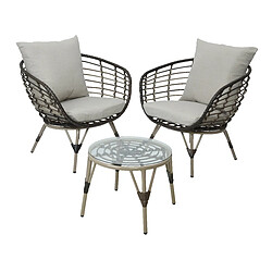 JARDIéco Salons de jardin Evora - Brun Salon de jardin en résine tressée - 2 places - Pieds réglables - Acier époxy - Verre trempé