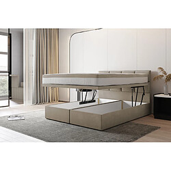 TRADA Lit adulte 200x200 cm TROPEA - avec rangement et matelas ressorts ensachés - tissu velours - beige