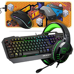 Pack Gamer Ultimate Clavier Souris Tapis Casque Pro-H3 Vert Convertisseur Multiplateforme