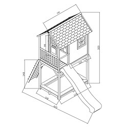 AXI Maison enfant sur pilotis ROMY Brun Blanc avec toboggan Rouge et bac à sable