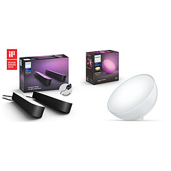 Philips Hue Kit de démarrage Hue Play Light bar x2 - Lampe à poser connectée Hue Go - White & Color Ambiance Lampe d'ambiance connectée Hue Go V2 (dernier modèle avec bluetooth) - Zigbee - Eclairage Couleurs + Hue Play Pack Noir x2 - Lampe connectée