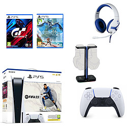 Sony Pack PS5 Standard Edition FIFA 23 avec 2 jeux et 3 accessoires PS5 Standard Edition - Manette sans Fil DualSenseTM - Jeu FIFA 23 - Jeu Gran Turismo 7 - Jeu Horizon II Forbidden West - Casque FFF - Support de casque FFF