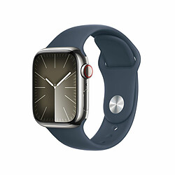 Apple Watch Series 9 GPS + Cellular de 41 mm, boîtier en acier inoxydable argenté, bracelet sport Bleu orage S/M