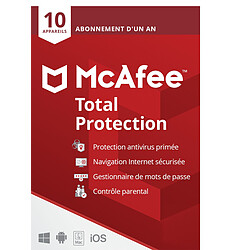 McAfee Total Protection 2022 - 1 an - 10 postes - Version dématérialisée Protection antivirus - 10 Appareils - 1 An - PC / Mac / Android / iOS - Navigation internet sécurisé - Contrôle parental.