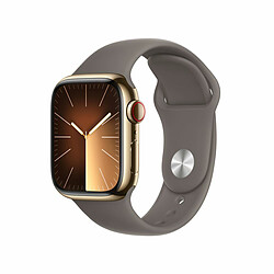 Apple Watch Series 9 GPS + Cellular, boîtier en acier inoxydable doré de 41 mm, bracelet sport Clay S/M