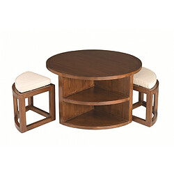 Avis MACABANE Table Basse Ronde EDEN 2 Tabourets Avec Coussins Bois Mindi