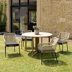 MACABANE Salon de jardin 4 personnes 1 Table ronde 120x120cm et 4 fauteuils beiges et noirs en cordage