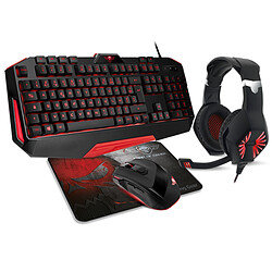 Spirit of Gamer PRO-MKH3 Pack clavier + souris + tapis de souris + micro-casque gamer filaire rétro-éclairage rouge - Clavier Membrane, AZERTY - Souris capteur optique, 3200 DPI, 8 boutons - Tapis de souris 225 x 190 x 3 mm - Micro-casque stéréo -