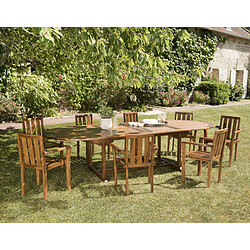 MACABANE Salon de jardin HANNA en bois teck huilé 10/12 personnes - ensemble de jardin : 1 table ovale extensible 200/300*120 cm et 8 fauteuils empilables 