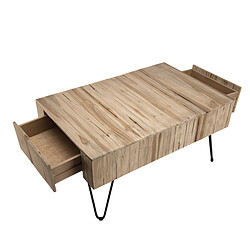 MACABANE Table Basse CLEMENCE Bois Nature 2 Tiroirs Branches Teck - Pieds Épingles Scandi Métal pas cher