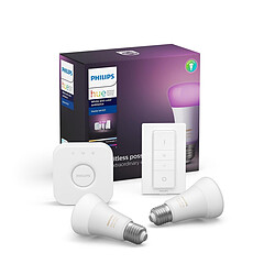 Philips White and Color Ambiance - Kit de démarrage E27 Kit de démarrage Philips Hue - 2x Ampoules connectées E27 Multicolor + Télécommande sans fil + Pont de connexion - Compatible Amazon Alexa et Google Assistant