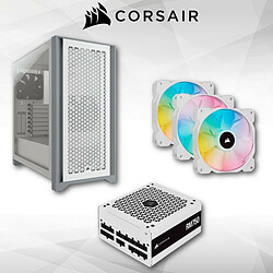 Corsair 4000D Airflow Tempered Glass (Blanc) + RM750 80PLUS Gold (2021) - Blanc + Trois ventilateurs PWM 120mm iCUE SP120 RGB ELITE Performance blanc avec Lighting Node CORE