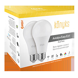 Konyks Antalya Easy - 2x Ampoules LED WiFi + Bluetooth RGB E27 Lot de 2 ampoules connectées WiFi 11W E27 - A+ - Contrôle local en bluetooth - Blanc réglable de 2700K à 6500K - Couleurs RGB - 1050 lumens max - Compatible Alexa ou Google Home