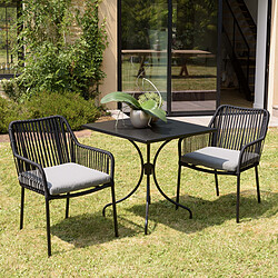 MACABANE Salon de jardin 2 personnes Table carrée 70x70cm et 2 fauteuils gris et noirs en cordage