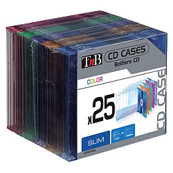 T'Nb Pack de 25 boîtiers simples Slim color transparents pour 1 CD, plateau translucide coloré