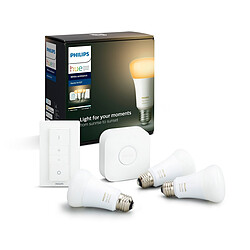 Philips Kit de démarrage - 3 ampoules connectées White 10.5W A60 E27 - Pont de connexion et télécommande Hue Kit de démarrage E27 White + Pont de connexipon + Télécommande