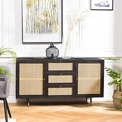 MACABANE Buffet Noir 2 Portes Coulissantes 1 Porte Abattante Cannage YANIS