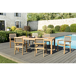 MACABANE Ensemble Table VIESTE en Teck + 6 Fauteuils empilables Taupe en textilène