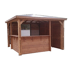 HABRITA Pool house BLUETERM bois traité très haute température avec poteaux 14 x 12 cm Dim. 375 x 375 cm avec couverture en panneau ACP et 1 paroi ventelles en partie haute + 1 paroi mur plein + 2 parois avec comptoirs - Ref. THB 3535.CCVB