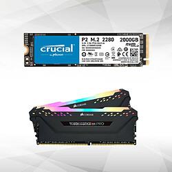 Crucial SSD P2 2To NVME + Vengeance RGB PRO - 2x16 Go - DDR4 3600 MHz - C18 SSD interne - CT2000P2SSD8 - 2400 Mo/s + 32 Go de mémoire PC - 2 barrettes de RAM - DDR4  PC4-28800 - RGB - CMW32GX4M2Z3600C18