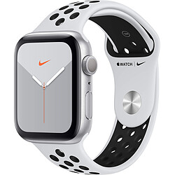 Apple Watch 5 Nike - 44 - Alu argent / Bracelet Sport Platine pur/Noir Montre Connectée Apple Watch Series 5 Nike - Boitier en aluminium argent - GPS - watchOS 6 - Écran OLED Always-on - Stockage 32Go - Puce S5 - MX3V2NF/A